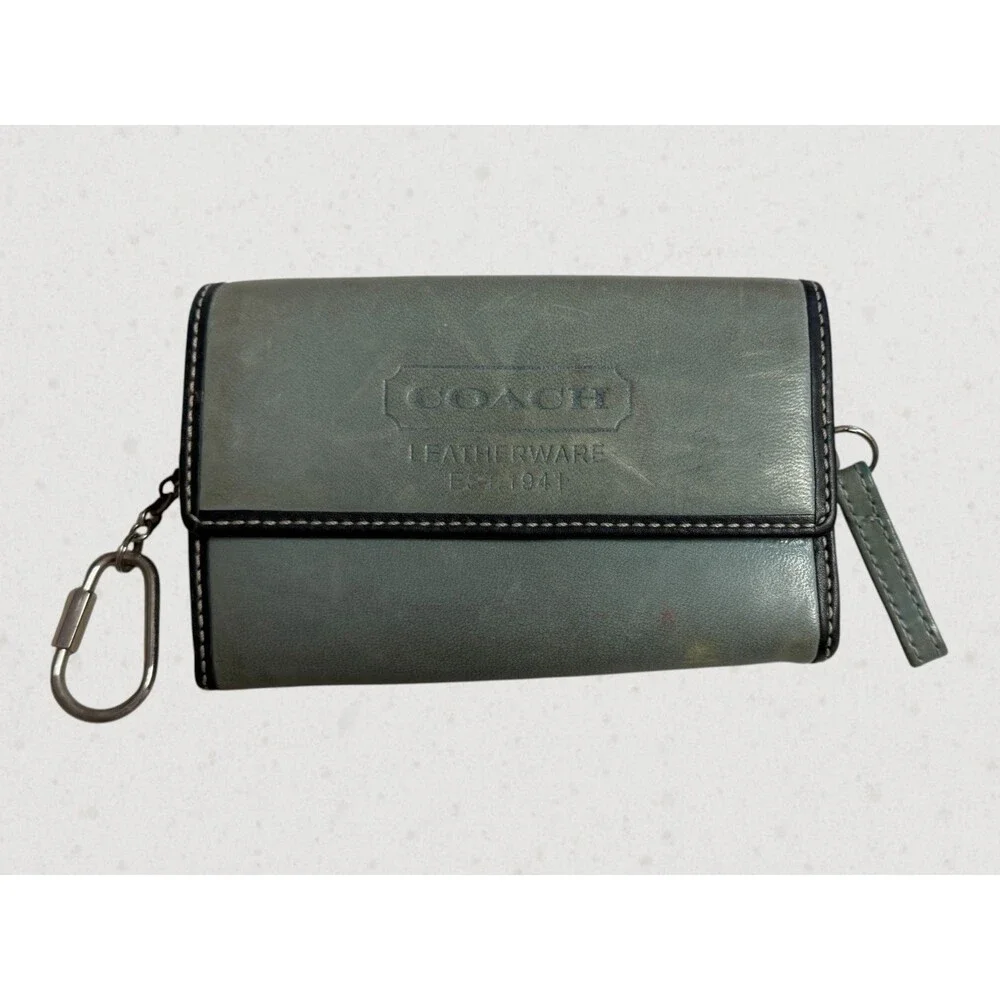 Vintage COACH 1941 Leatherware Trifold Wallet Blue Gray Key Ring Carabiner Flap